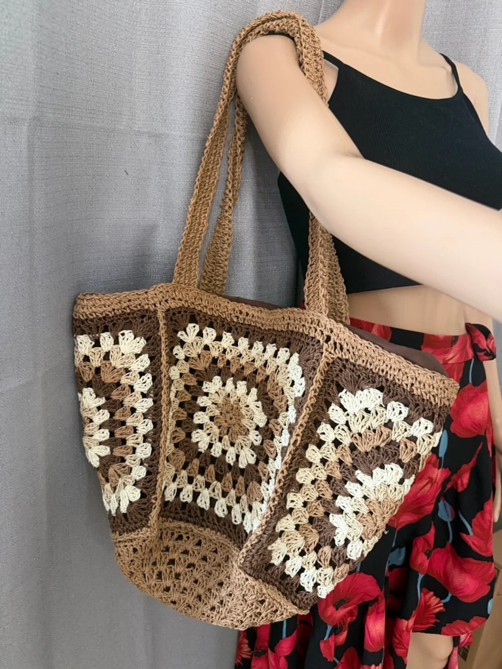 Handmade Crochet Brown & Cream Tote Bag - Picture 3 of 4